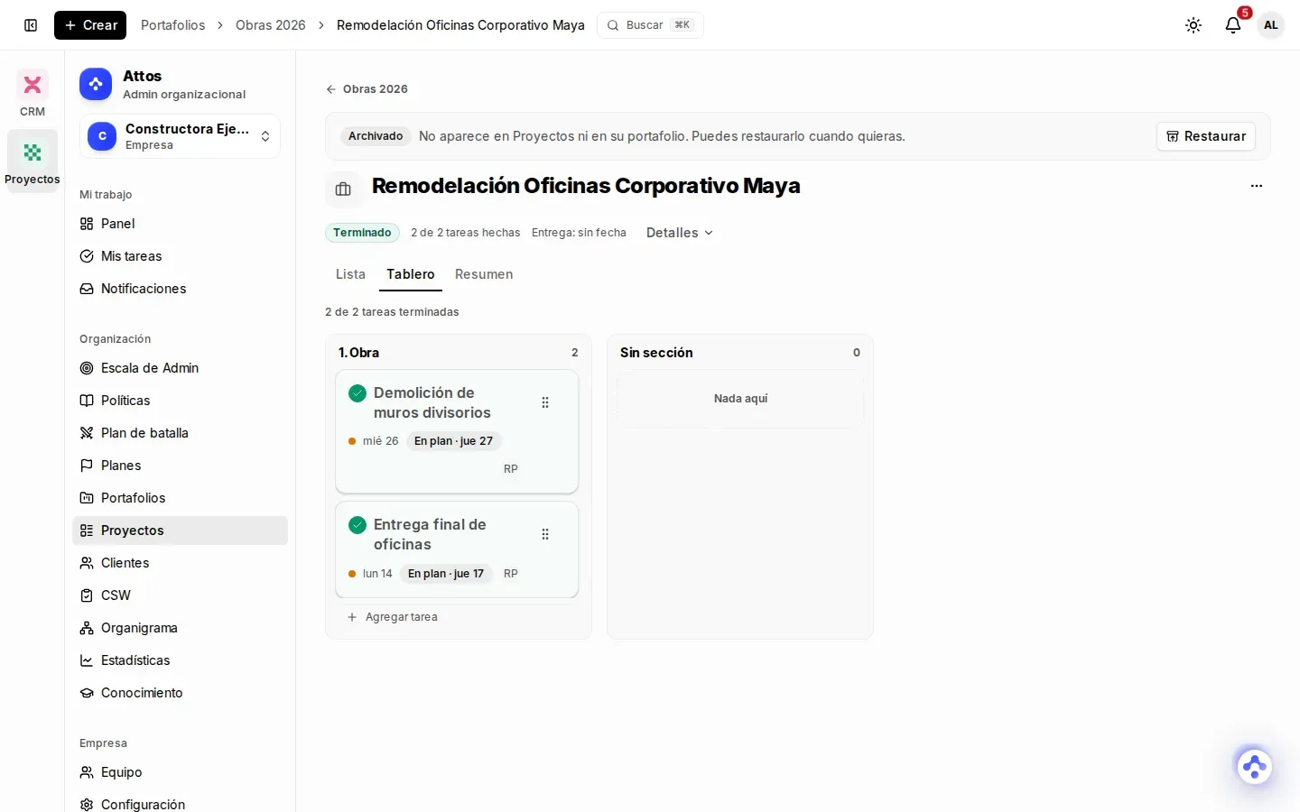 Franja "Archivado" de un proyecto, con el botón Restaurar