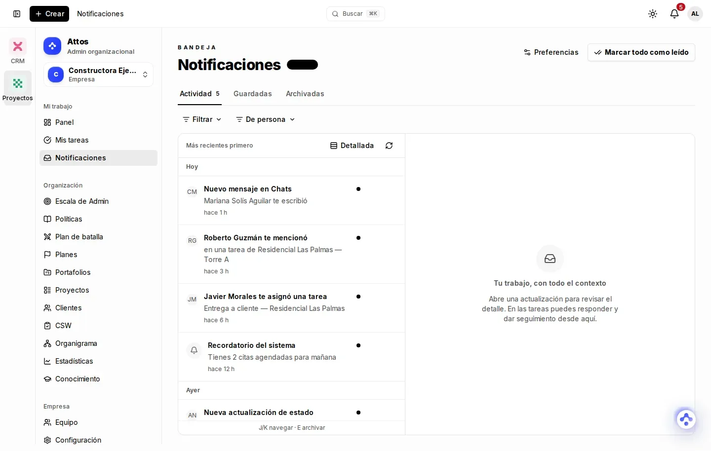 Bandeja completa de Notificaciones, con sus tres pestañas Actividad, Guardadas y Archivadas