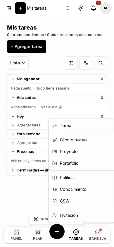 Barra inferior en móvil, con el botón + abierto y el menú de creación desplegado
