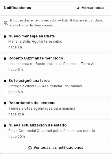 Lista desplegable de la campana de notificaciones, con notificaciones sin leer