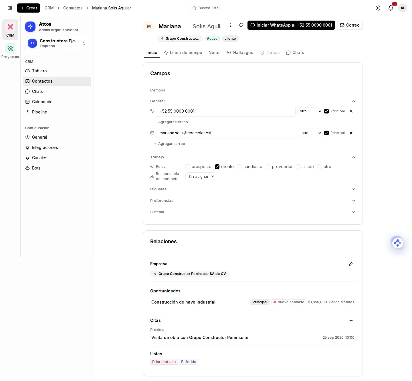 Página completa de un contacto, con sus datos, su empresa, sus oportunidades y sus próximas citas