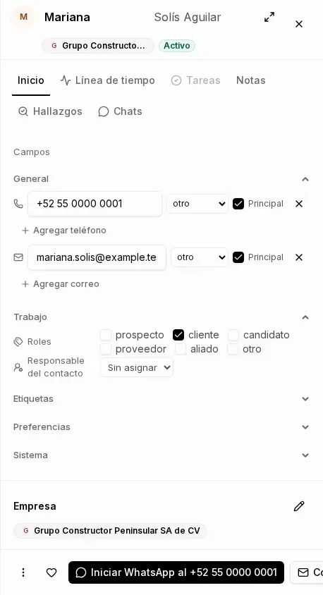 Ficha lateral de un contacto con sus pestañas Inicio, Línea de tiempo, Notas, Hallazgos y Chats visibles