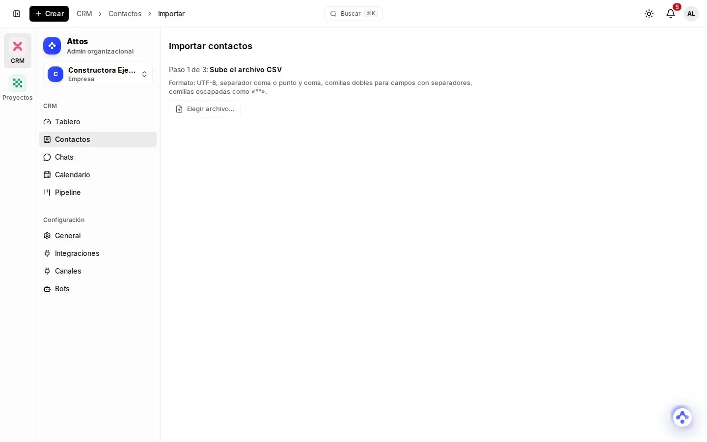 Pantalla de importar contactos, primer paso: subir el archivo CSV