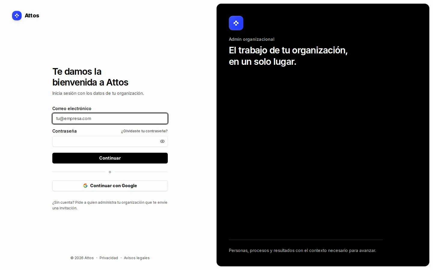 Pantalla de inicio de sesión de Attos completa, con los campos de correo y contraseña