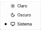 Menú desplegable de tema con las opciones Claro, Oscuro y Sistema