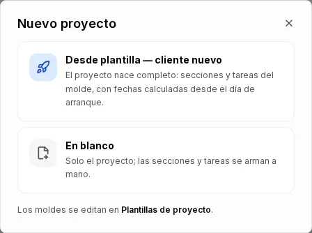 Diálogo "Nuevo proyecto" para elegir entre "Desde plantilla, cliente nuevo" y "En blanco"