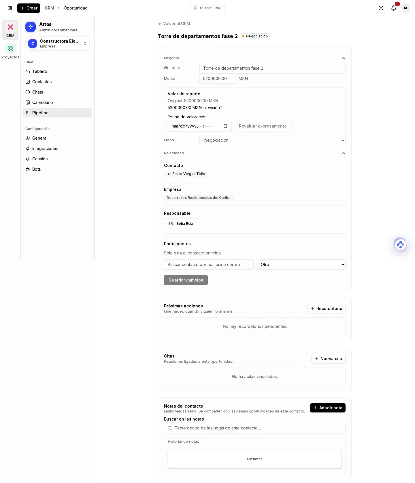 Página completa de una oportunidad, con su monto, etapa, contacto, empresa y responsable