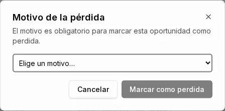 Diálogo "Motivo de la pérdida" con el selector de motivos, obligatorio antes de marcar una oportunidad como perdida