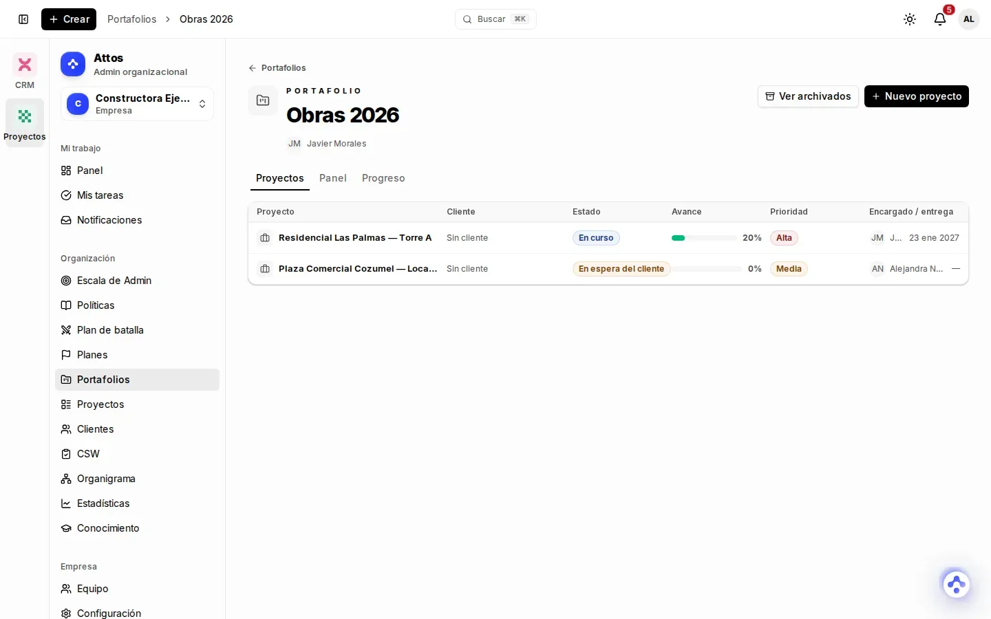 Portafolio con sus proyectos, su estado, su avance y quién es el encargado de cada uno
