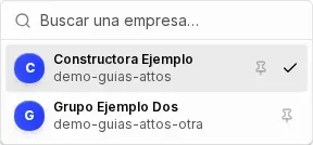 Selector de empresa abierto, con el buscador y la lista de empresas disponibles
