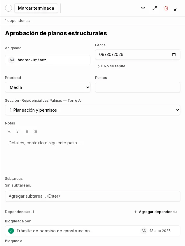 Panel de una tarea con su sección de dependencias, "Bloqueada por" y "Bloquea a"