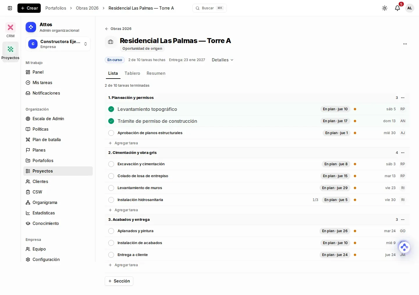 Vista Lista de un proyecto, con sus tareas agrupadas por sección